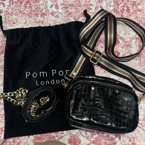 Pom Pom London Black Croc-Embossed Crossbody Bag with Striped Strap